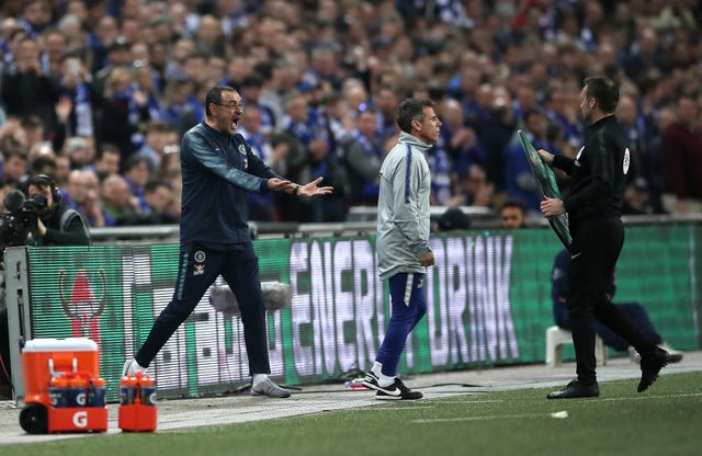 Maurizio Sarri, left, was unhappy after goalkeeper Kepa Arrizabalaga refused to be substituted