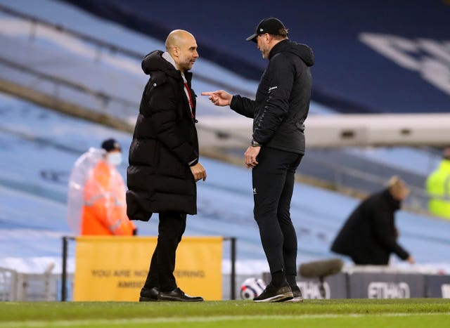 Pep Guardiola talks to Ralph Hasenhuttl