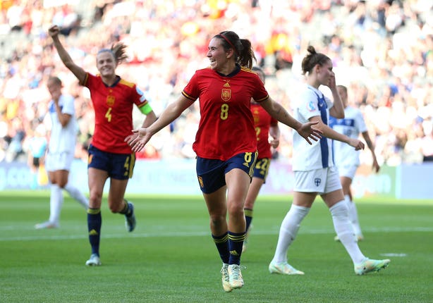 Caldentey celebrates her goal in Spain's 4-1 Group B win over Finland (Nigel French/PA).
