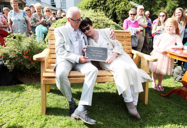 Parents Patric and Geraldine Kriegel, unveiled a bench in her memory at the Leixlip Manor Hotel, Co. Kildare (Brian Lawless/PA)