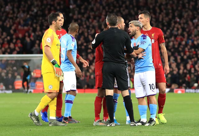 Manchester City players were adamant referee Michael Oliver should have awarded them a penalty at Anfield