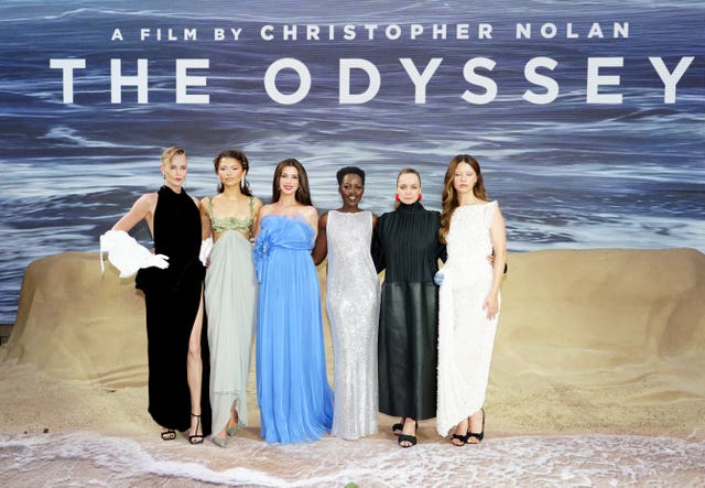 Charlize Theron, Zendaya, Anne Hathaway, Lupita Nyong’o, Samantha Morton, and Mia Goth attending the Odyssey world premiere in Leicester Square, central London