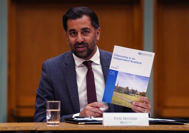 humza Yousaf with independence prospectus paper on citizenship