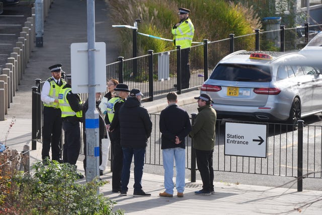 The scene at Huntingdon train station in Cambridgeshire, after a number of people were stabbed on a train