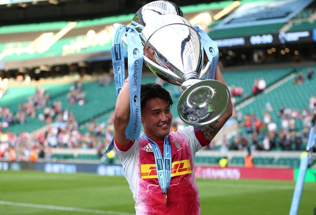 Marcus Smith celebrates after winning the Gallagher Premiership final with Harlequins 