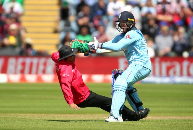 England’s Jason Roy collided with umpire Joel Wilson immediately after reaching his century in the World Cup victory over Bangladesh