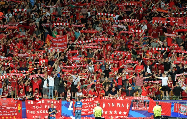 Liverpool fans in the stands during the Champions League final in Kiev (Peter Byrne/PA)