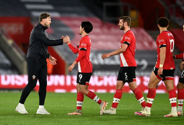 Ralph Hasenhuttl, left, congratulates his Southampton team after the win over Crystal Palace