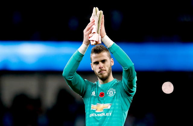 Manchester United goalkeeper David de Gea acknowledges the fans 