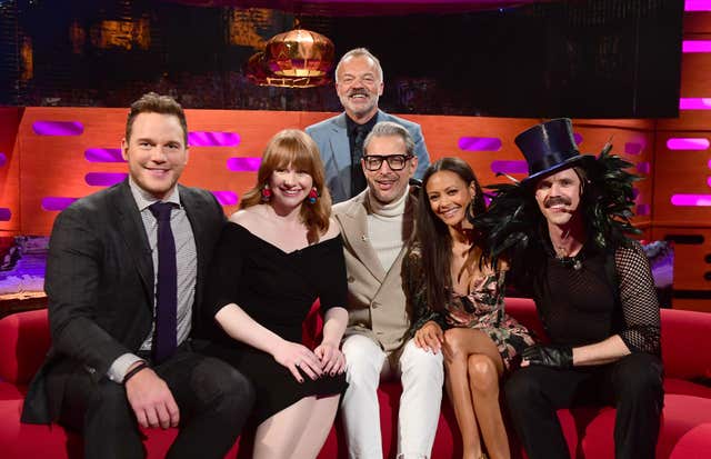 Chris Pratt, Bryce Dallas Howard, Graham Norton, Jeff Goldblum, Thandie Newton and Jake Shears on the show (Ian West/PA)