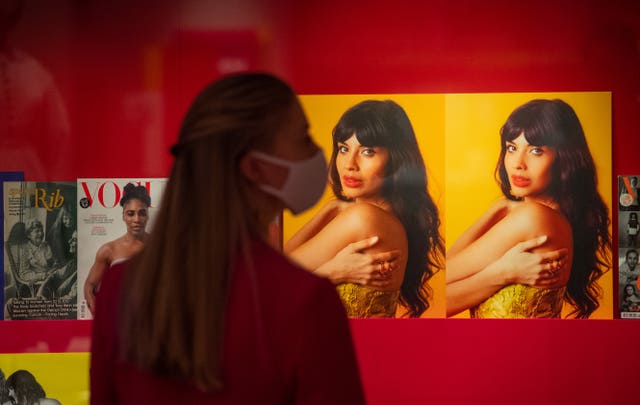 Exhibits showing the portrayal of women in magazines and advertising, including unretouched and retouched photos of actress Jameela Jamil