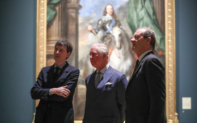 The Prince of Wales with curators Desmond Shawe-Taylor, right, and Per Rumberg (Andrew Matthews/PA)