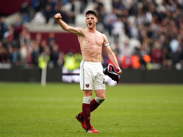 West Ham’s Declan Rice celebrates after the victory over Tottenham