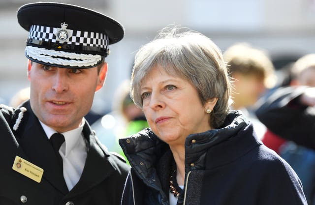 Theresa May with Wiltshire Chief Constable Kier Pritchard in Salisbury (Toby Melville/PA)