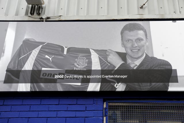 Sign showing David Moyes being appointed Everton manager on the timeline outside of Goodison Park