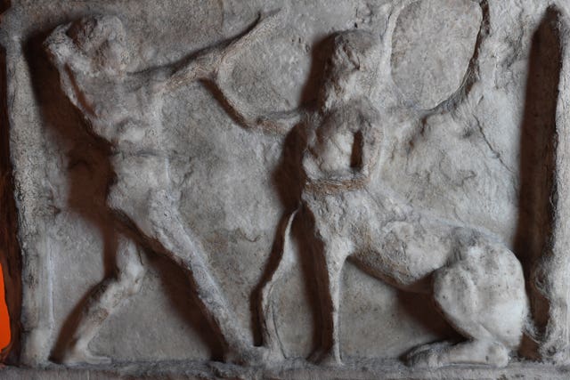 Detail on a carved Roman sarcophagus ahead of the Troy exhibition at the British Museum in London