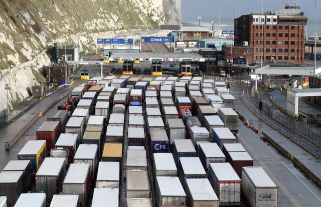 Lorries queuing at the Port of Dover in Kent in December