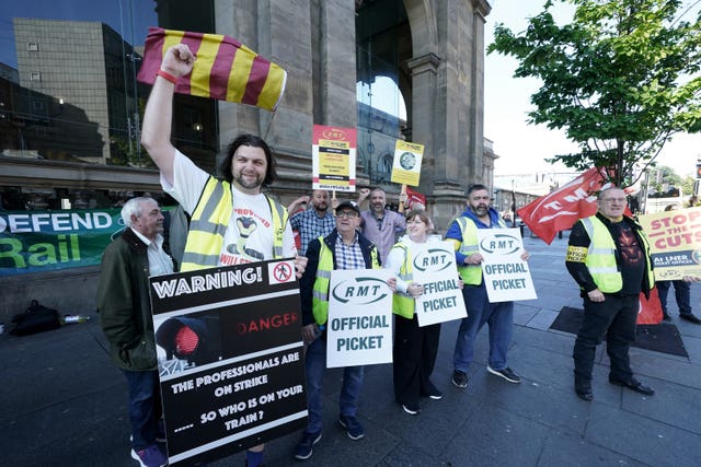 Rail, Maritime and Transport union members outside Newcastle station, as train services continue to be disrupted following the nationwide strike by members of the union in a bitter dispute over pay, jobs and conditions