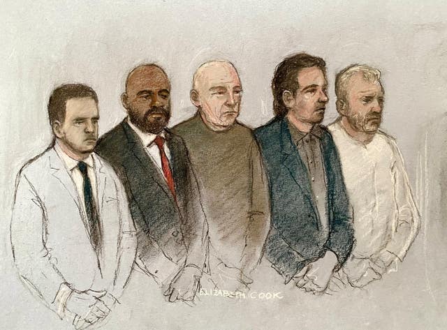 Court artist sketch of, from left, Mohammed Hassan, Norman Macksoni, Richard Wilkins, Connor Sanderson Doyle and Dean Hamilton at Winchester Crown Court
