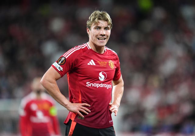 Rasmus Hojlund reacts during Manchester United's Europa League final defeat to Tottenham