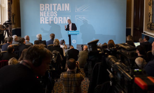 Nigel Farage speaking during a Reform UK press conference