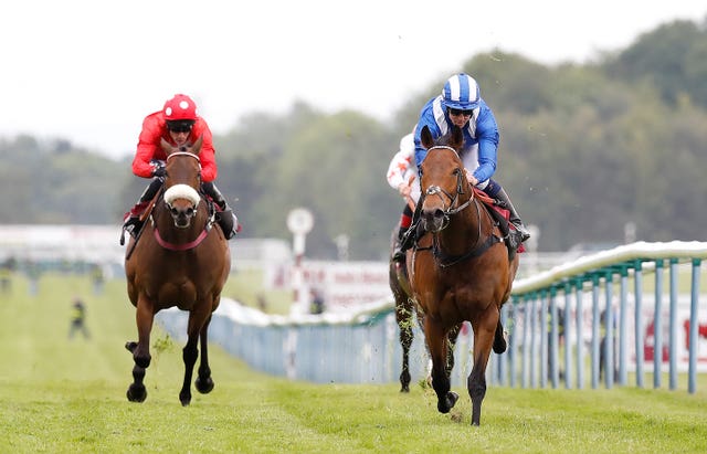 Battaash (right) takes on Ten Sovereigns and Mabs Cross (left) in the Nunthorpe Stakes at York