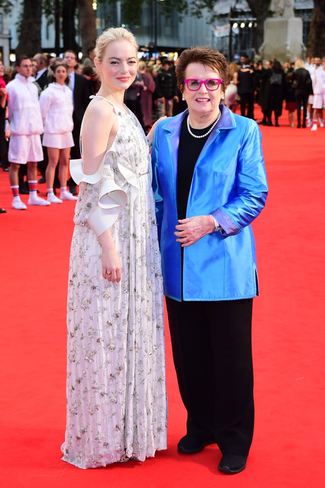 Emma Stone, left, and Billie Jean King attending the premiere of Battle of the Sexes held at Odeon Leicester Square, London