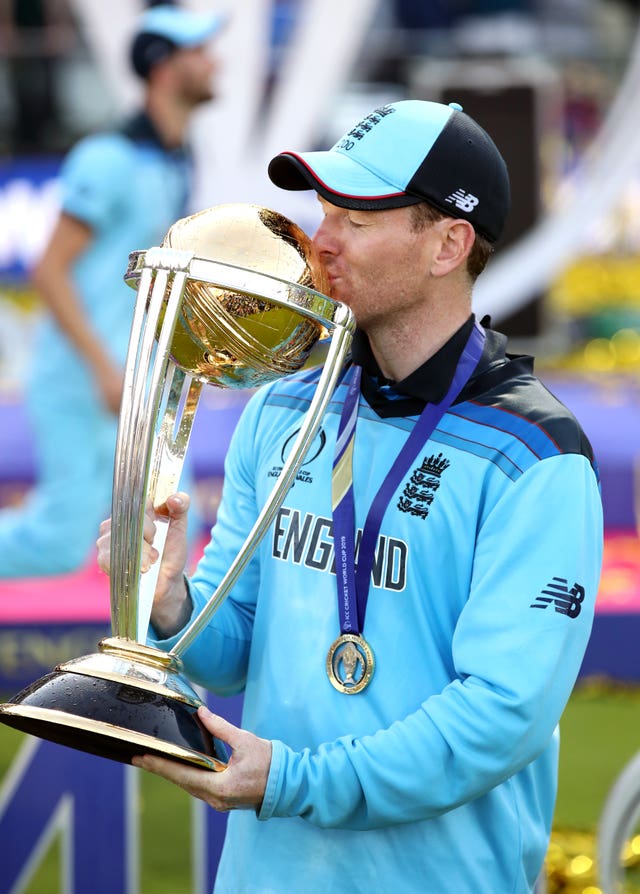 England captain Eoin Morgan with the World Cup after Super Over success against New Zealand in July 2019