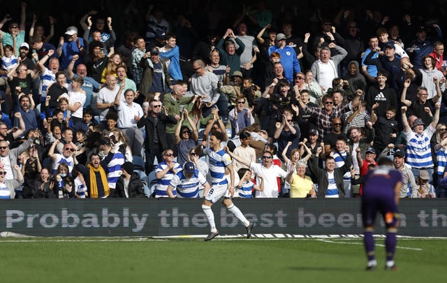 Luke Amos celebrates QPR's late winner