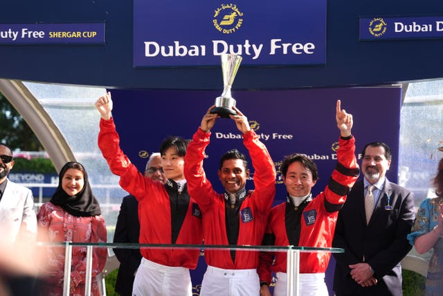 Team Asia’s Ryusei Sakai (left), Suraj Narredu and Mirai Iwata (right) celebrate