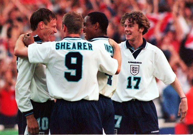 Teddy Sheringham celebrates after scoring in the 4-1 win over Holland during Euro 96