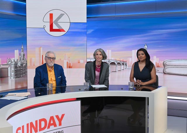 Panel guests, actor Brian Cox, CBI boss Rain Newton-Smith and former special adviser Salma Shah, appearing on Sunday With Laura Kuenssberg on the BBC