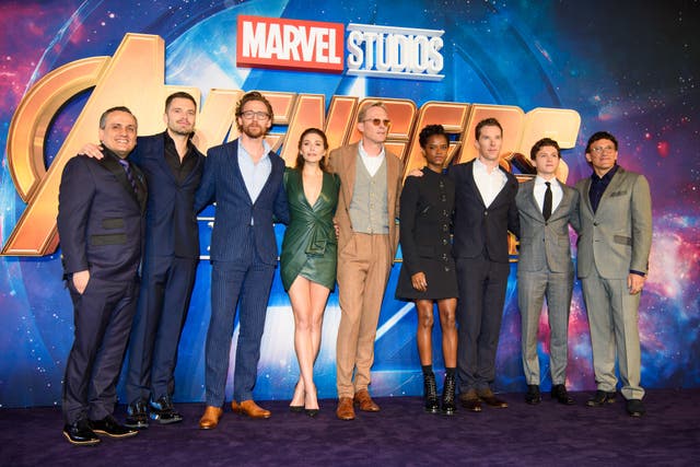 Left to right, Joe Russo, Sebastian Stan, Tom Hiddleston, Elizabeth Olsen, Paul Bettany, Letitia Wright, Benedict Cumberbatch, Tom Holland and Anthony Russo attending the Avengers: Infinity War UK Fan Event held at Television Studios in White City, London (Matt Crossick/PA)