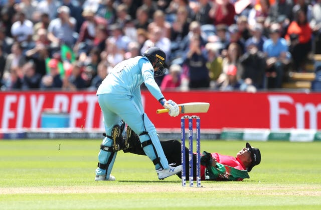 Jason Roy, left, collided with umpire Joel Wilson at the moment he reached three figures (David Davies/PA)