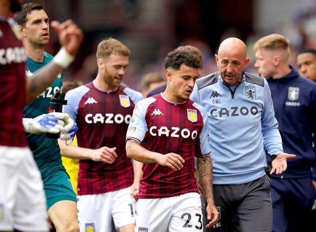 Aston Villa’s Philippe Coutinho speaks to assistant head coach Gary McAllister during the Premier League match at Villa Park, Birmingham. Picture date: Saturday April 30, 2022