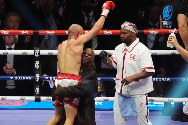Eubank Jr celebrates with his father after his victory over Benn in April