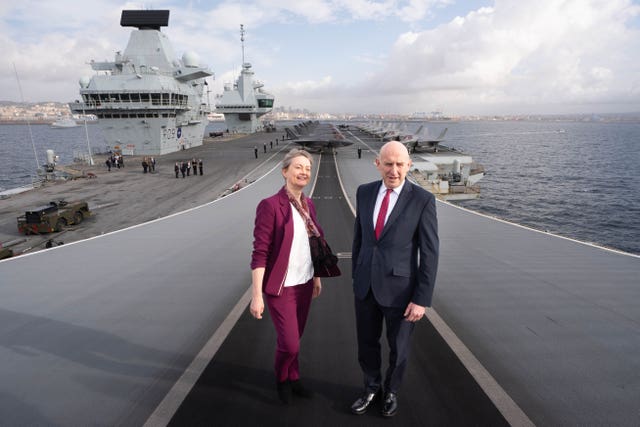 Defence Secretary John Healey and Foreign Secretary Yvette Cooper on board HMS Prince of Wales,