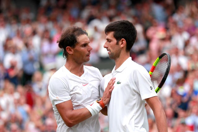 Rafael Nadal, left, congratulates Novak Djokovic after last year's Wimbledon semi-final 