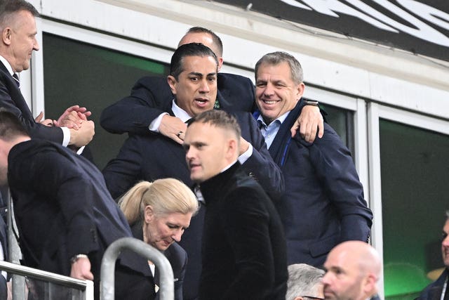 Chelsea owner Todd Boehly and co-owner Behdad Eghbali celebrate in the stands