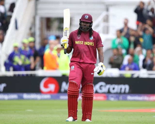 West Indies' Chris Gayle celebrates his half-century against Pakistan
