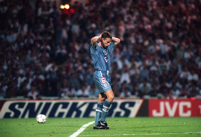 Gareth Southgate cuts a dejected figure after his spot kick was saved in the Euro 96 penalty shootout defeat against Germany at Wembley