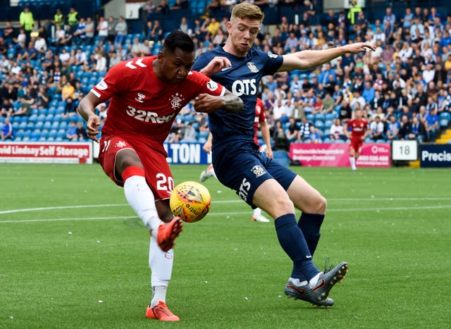 Alfredo Morelos. left, went close to opening his account for Rangers this season