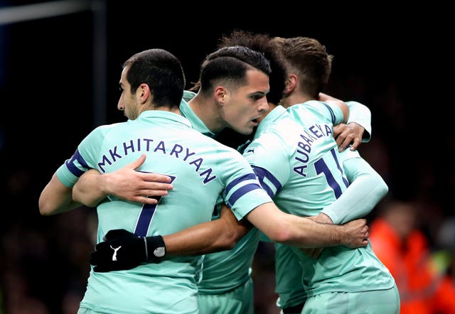 Arsenal’s Pierre-Emerick Aubameyang (right) celebrates