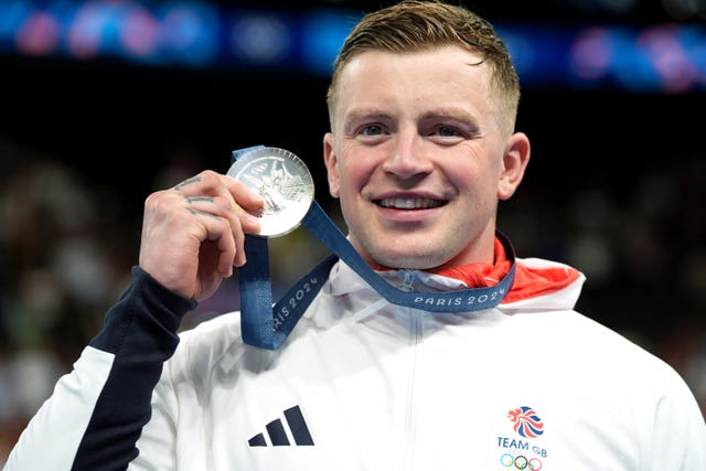 Adam Peaty with his silver medal following the 100m breaststroke final at the 2024 Paris Olympic Games