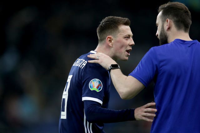 Callum McGregor, left, captained Scotland in Kazakhstan