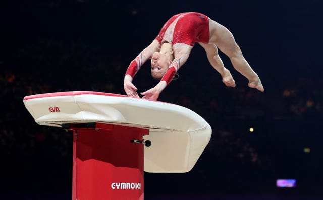 France's Carolann Heduit in action on the vault during the Gymnastics World Cup in Birmingham