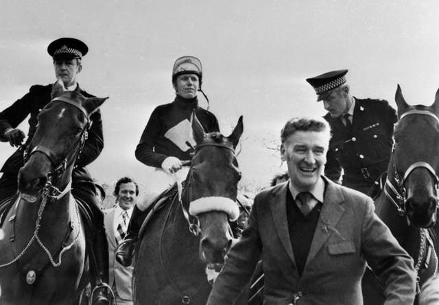 Red Rum being led in by Ginger McCain after winning his second successive Grand National in 1974