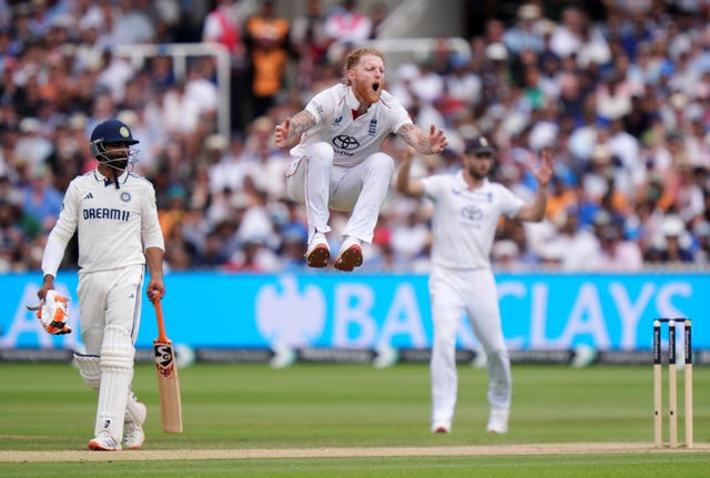 Ben Stokes leaps in the air after bowling against India at Lord's.