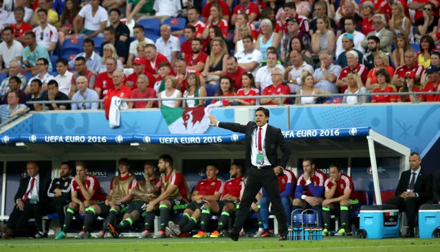 Manager Chris Coleman gestures on the touchline during Wales' Euro 2016 semi-final against Portugal