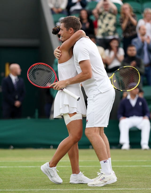 Desirae Krawczyk and Neal Skupski celebrate their mixed doubles win